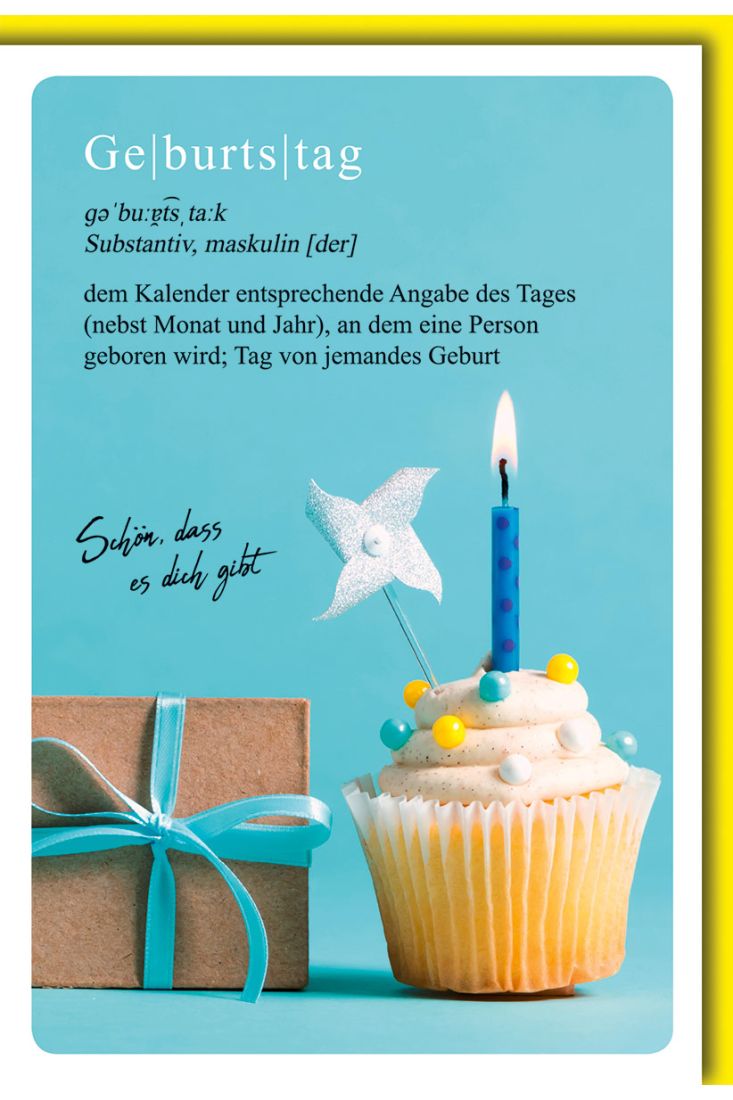 Geburtstagskarte mit Geschenk und Cupcake mit Kerze und Windrad im Hintergrund