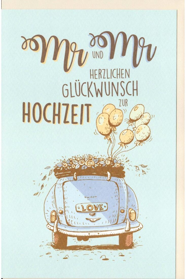 Hochzeitskarte Offenes Cabriolet mit Blumen und Luftballons, Naturkarton
