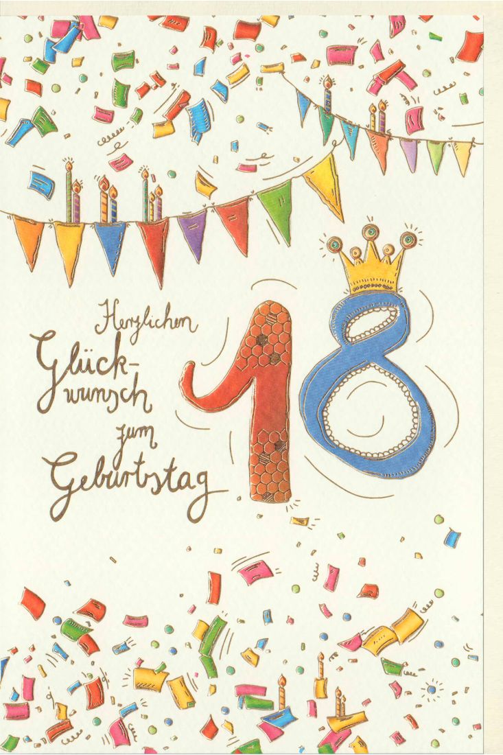 Geburtstagskarte 18 Jahre Wimpelketten, mit Goldfolie und Blindprägung, Naturkarton