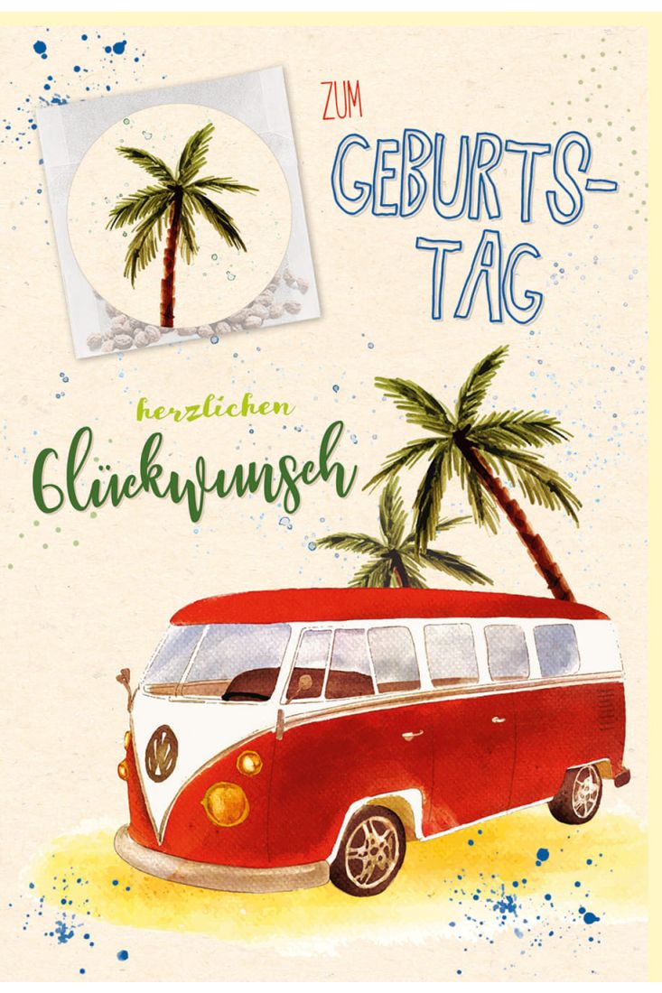Glückwunschkarte Geburtstag Bus, Palmen, Zuckerrohrpapier, Samentütchen mit Aufkleber