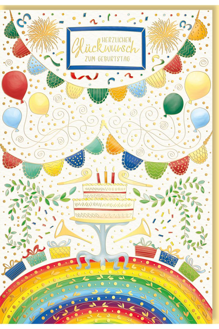 Geburtstagskarte mit Regenbogen, Torte und Luftballons – Naturkarton mit Folien- und Blindprägung