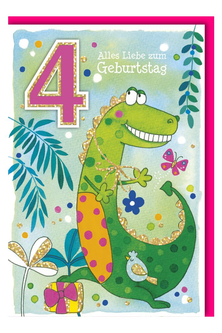 Geburtstagskarte für Kinder 4 Jahre Krokodil mit Geschenk