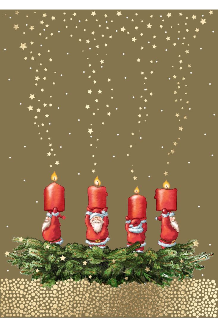 Weihnachtspostkarte Goldfolie Kranz mit Weihnachtsmännerkerzen