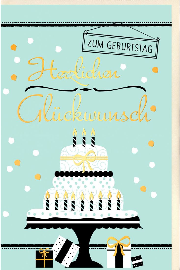 Geburtstagskarte Torte mit Kerzen, Geschenke und Punkte, mit Goldfolie