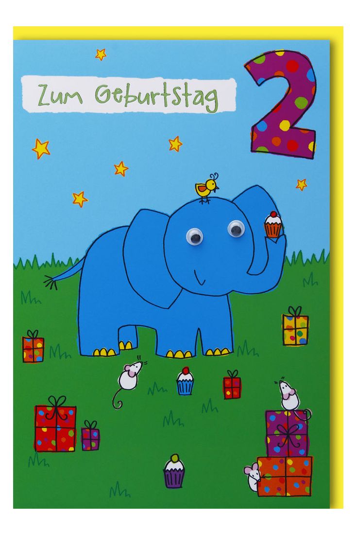 Geburtstagskarte für Kinder 2. Geburtstag Elefant und Mäuse mit Kulleraugen