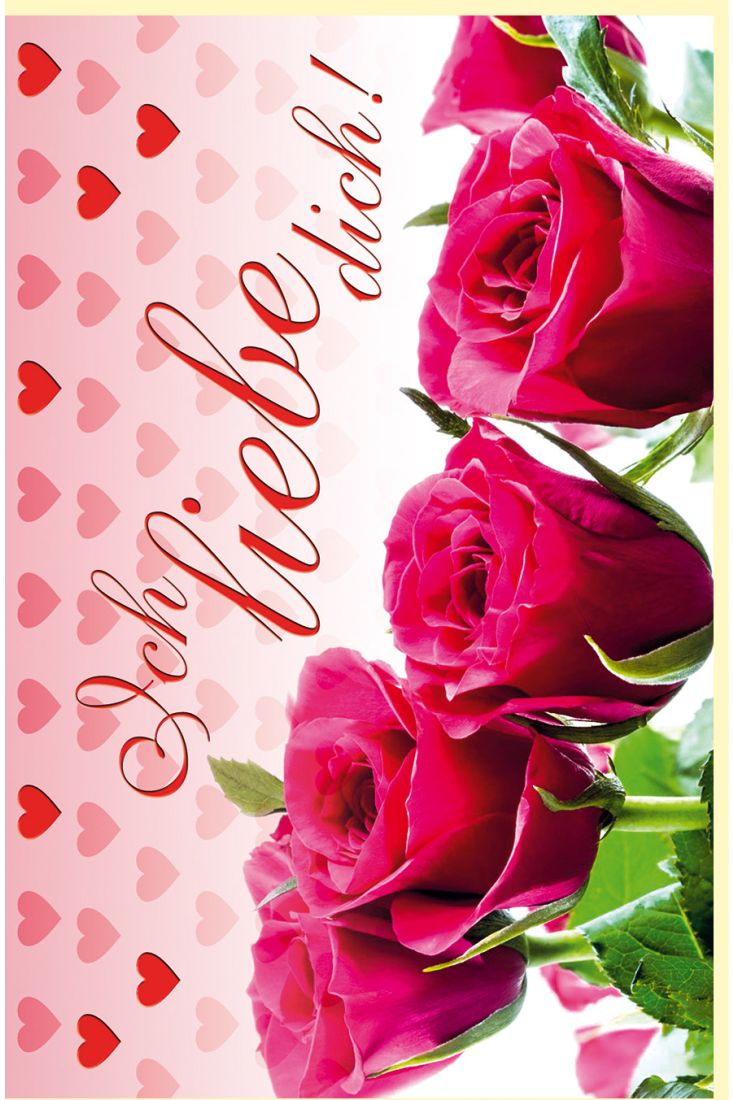 Karte Valentinstag fünf Rosen Herzen im Hintergrund
