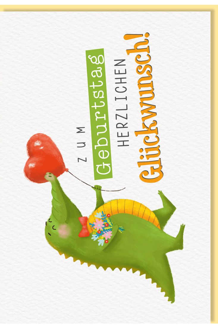 Glückwunschkarte Geburtstag Krokodil mit Blumen und herzförmigem Luftballon, Naturkarton