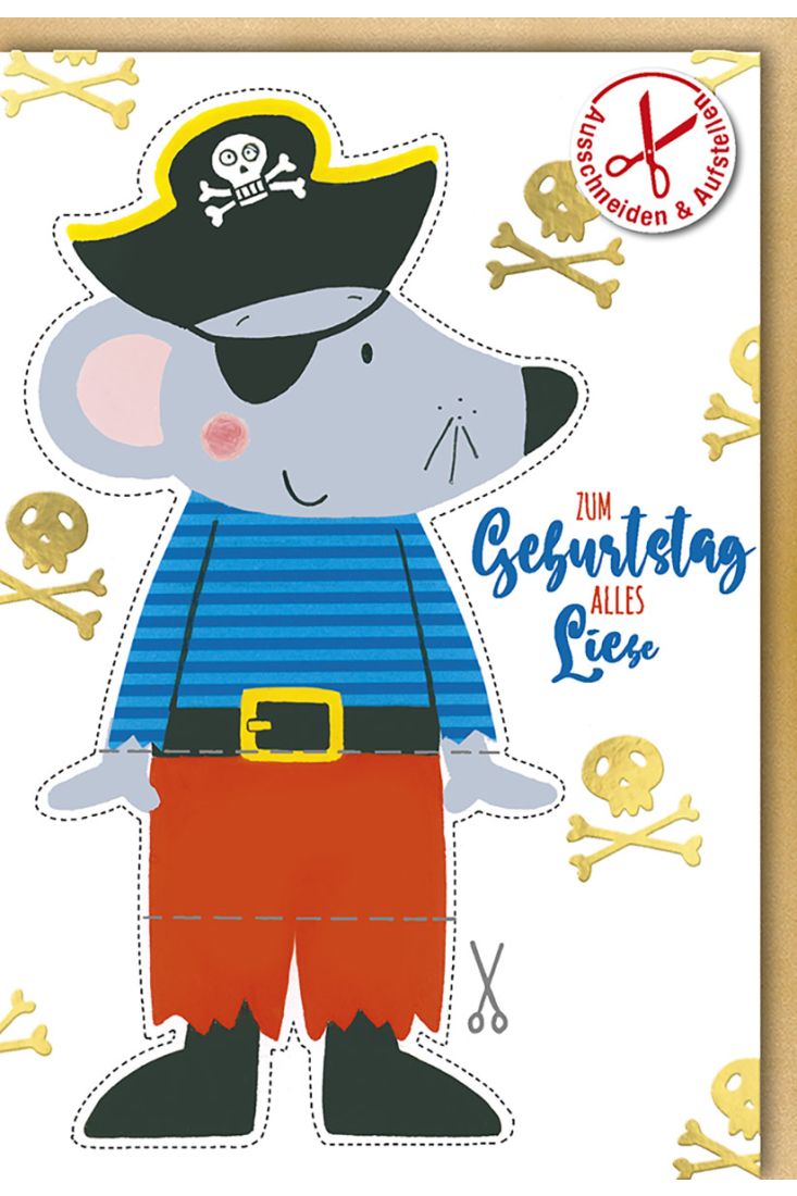Geburtstagskarte für Kinder - Piratenmaus mit roter Hose und Totenkopf - Folienprägung zum Ausschneiden