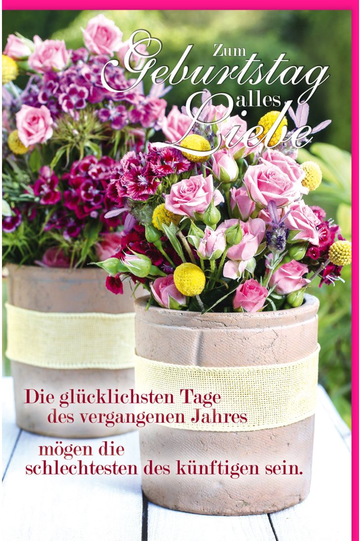 Glückwunschkarte Geburtstag Rosen und Nelken im Tongefäß