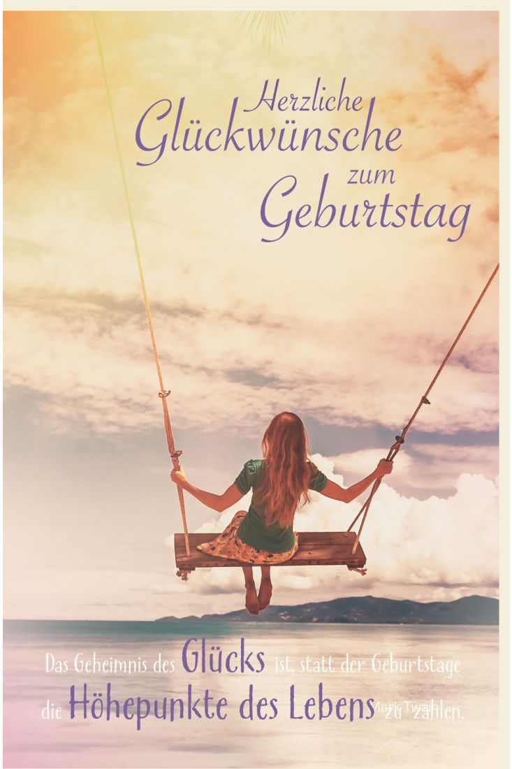 Glückwunschkarte Geburtstag Mädchen auf Schaukel über Wasser