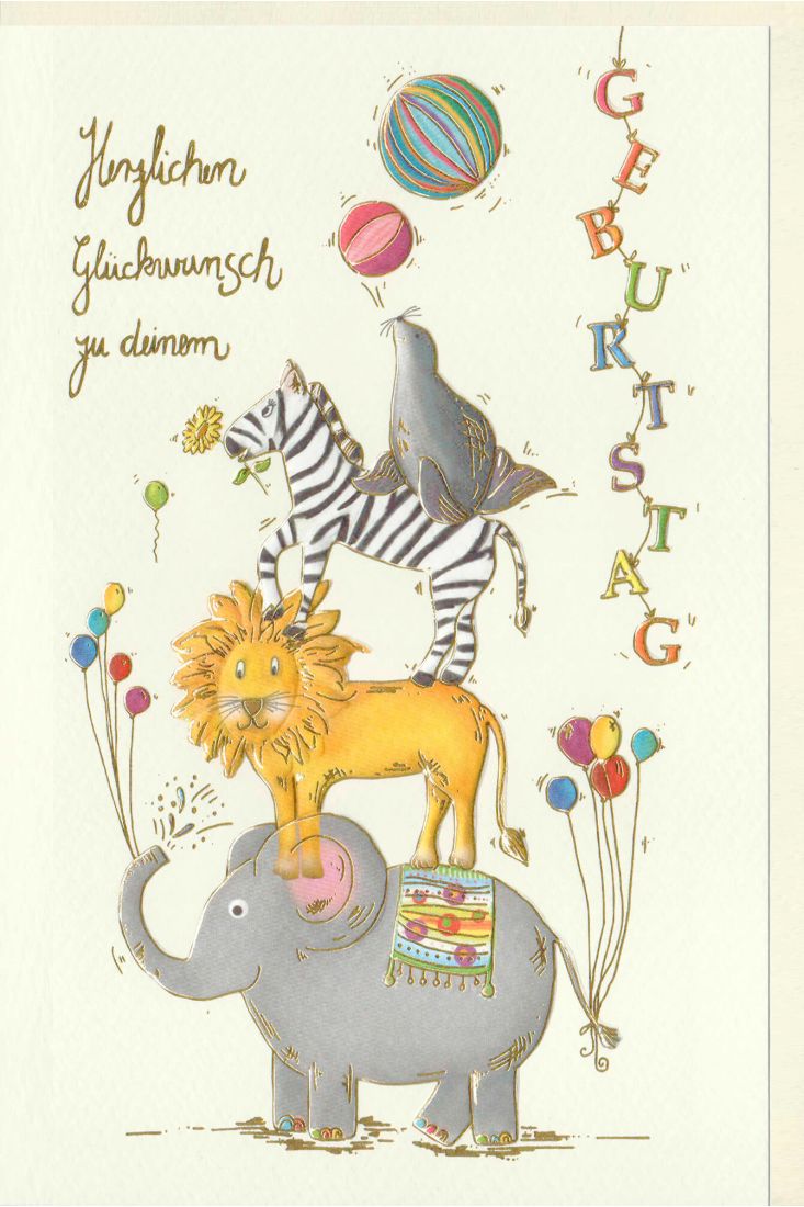 Kinder Geburtstagskarte Elefant, Löwe, Zebra, Robbe bilden eine Räuberleiter, Naturkarton, mit Goldfolie und Blindprägung