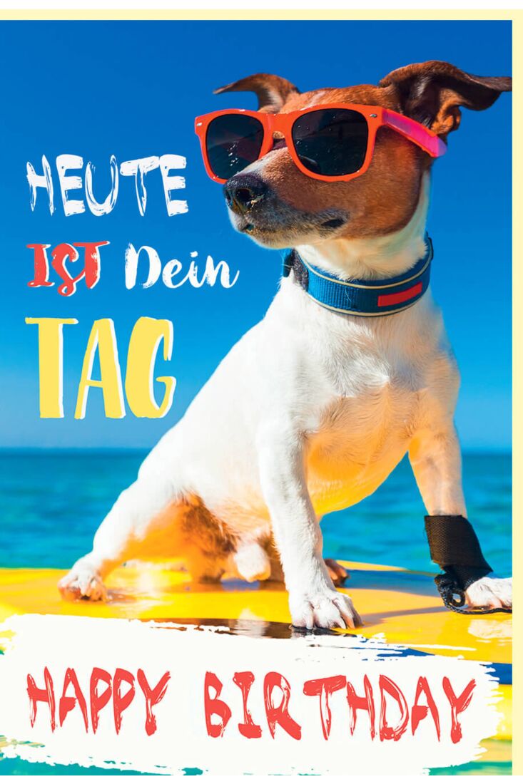 Geburtstagskarte mit Tieren Hund mit Sonnenbrille auf Surfbrett