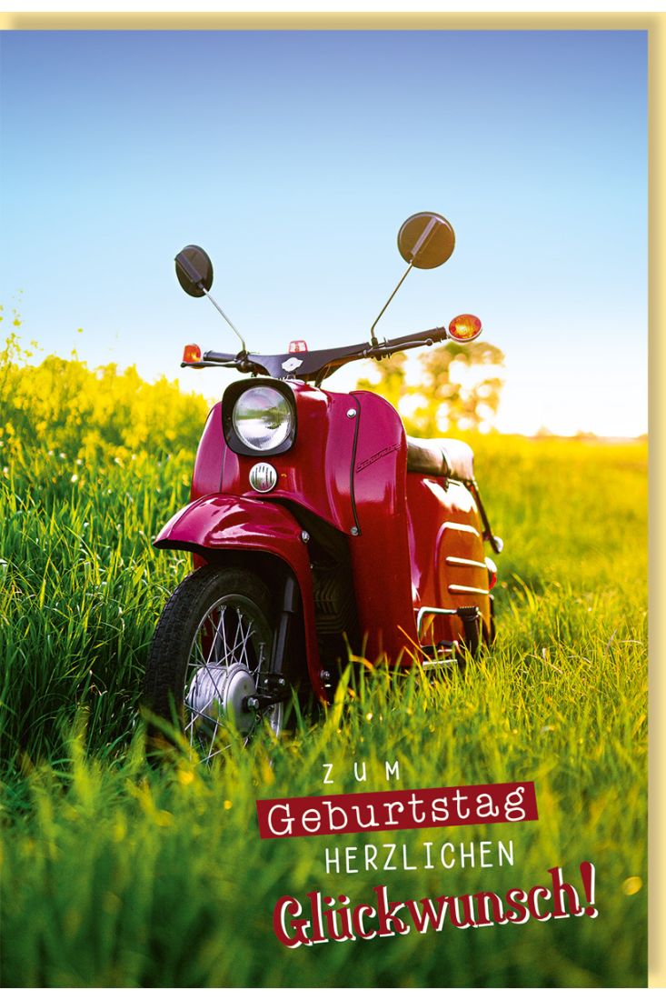 Geburtstagskarte mit rotem Roller im Grünen: 