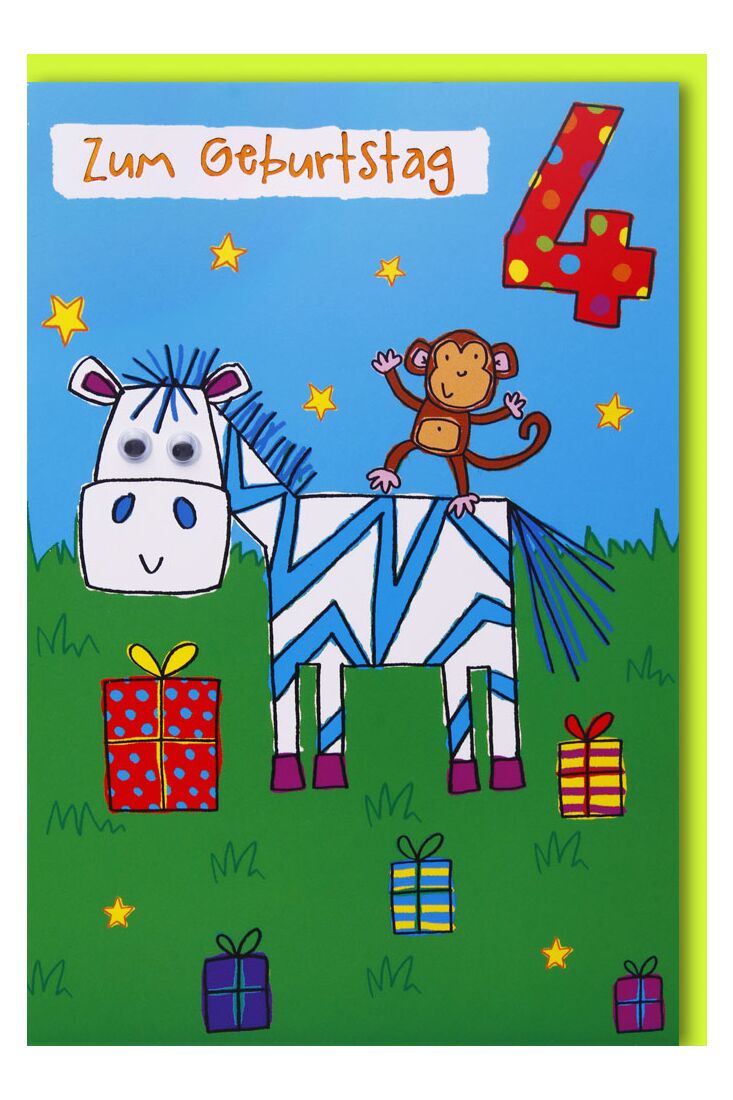 Geburtstagskarte für Kinder 4. Geburtstag Zebra und Äffchen
