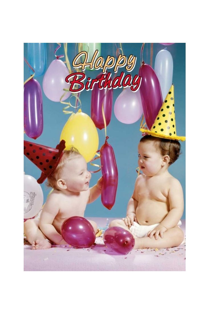 Geburtstagspostkarte zwei Babys Luftballons Happy Birthday