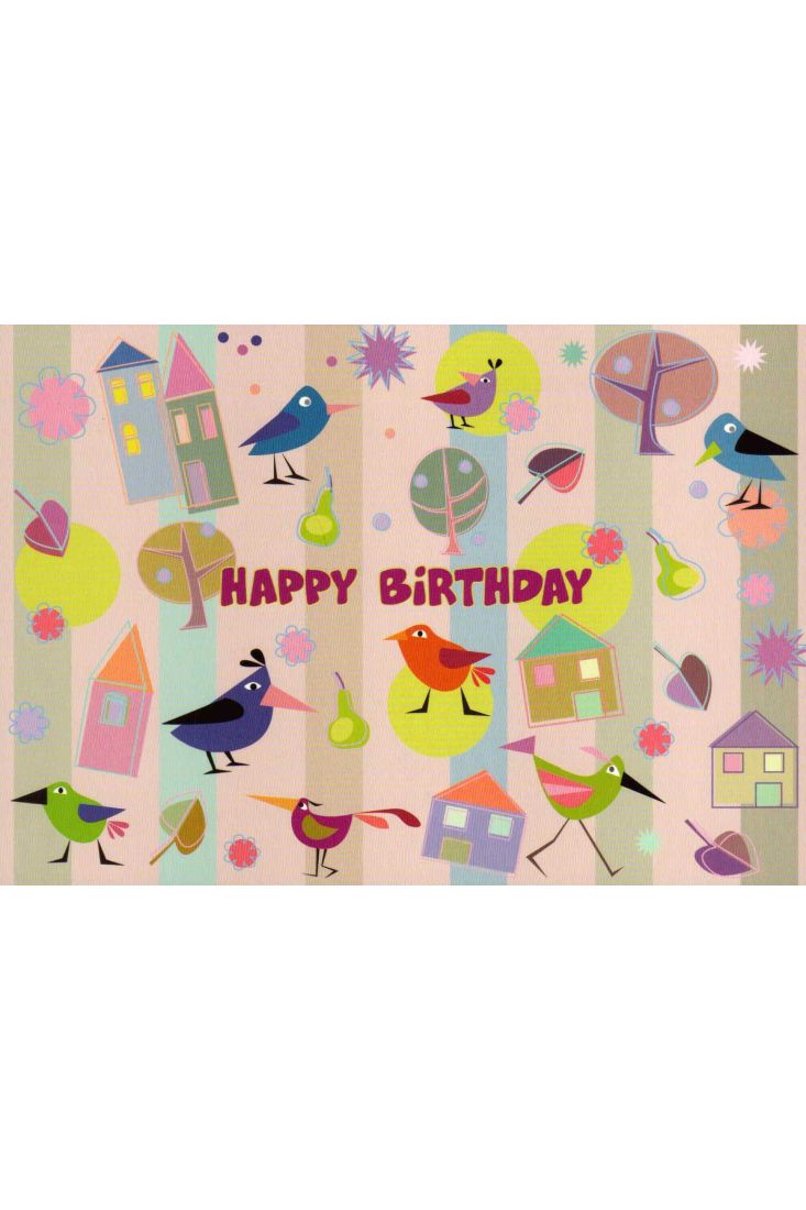 Geburtstagspostkarte Vögel und Häuser bunt gezeichnet: Happy Birthday