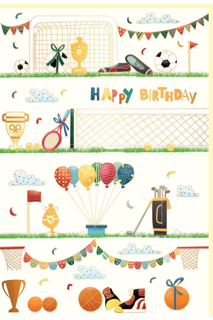 Glückwunschkarte Geburtstag Ballsportmotive, Naturkarton, mit Goldfolie und Blindprägung
