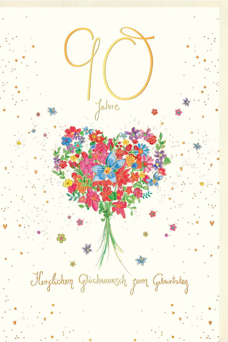Geburtstagskarte 90 Jahre Blumenstrauß in Herzform, Naturkarton, mit Goldfolie und Blindprägung