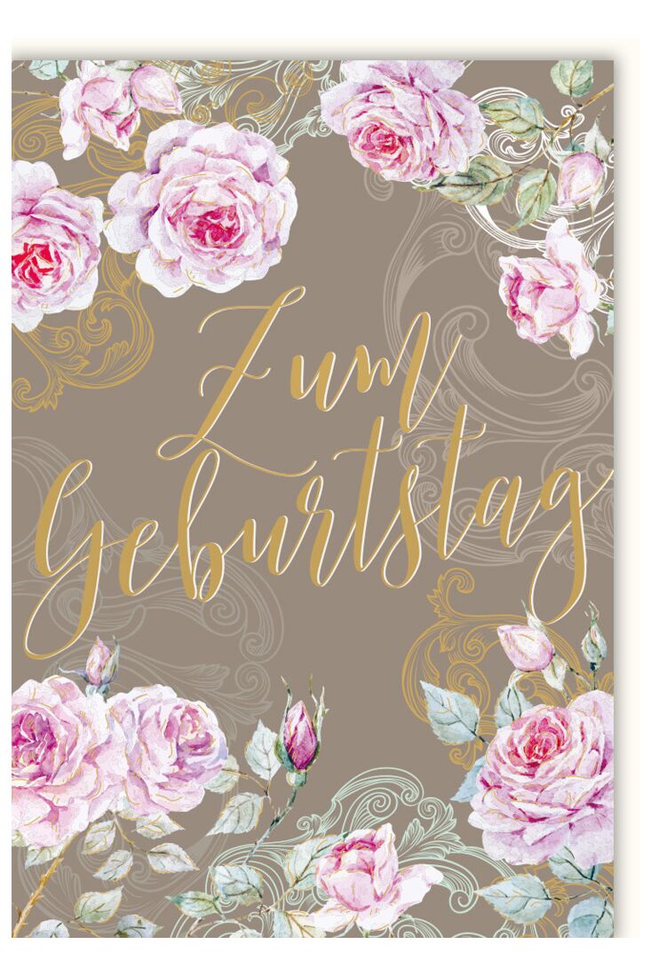Glückwunschkarte Geburtstag Illustration Rosenblätter Text in Gold