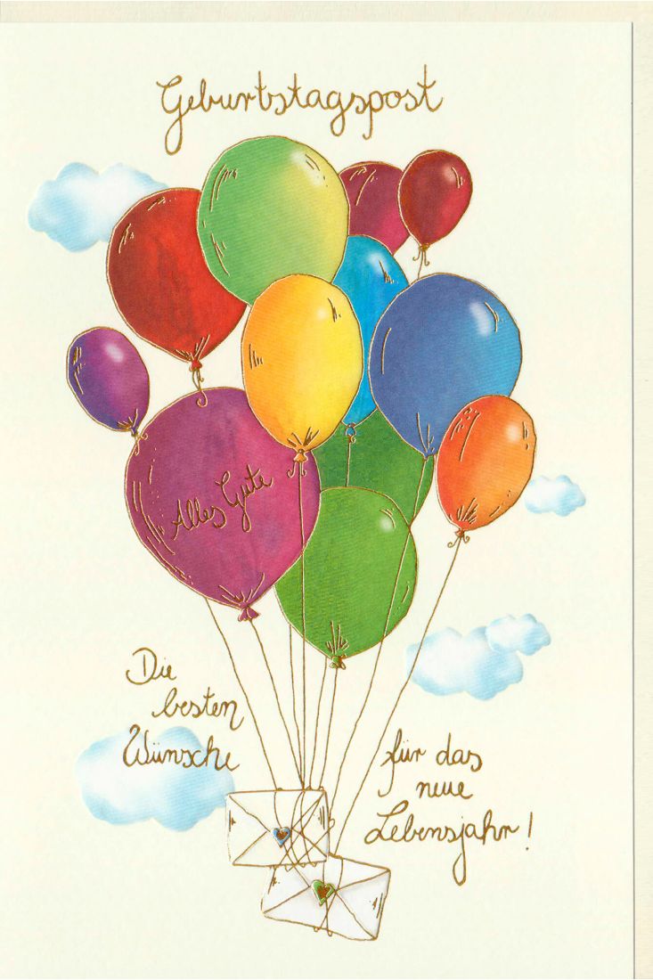 Karte Geburtstag Briefe mit Luftballons steigen in den Himmel, Naturkarton, mit Goldfolie und Blindprägung