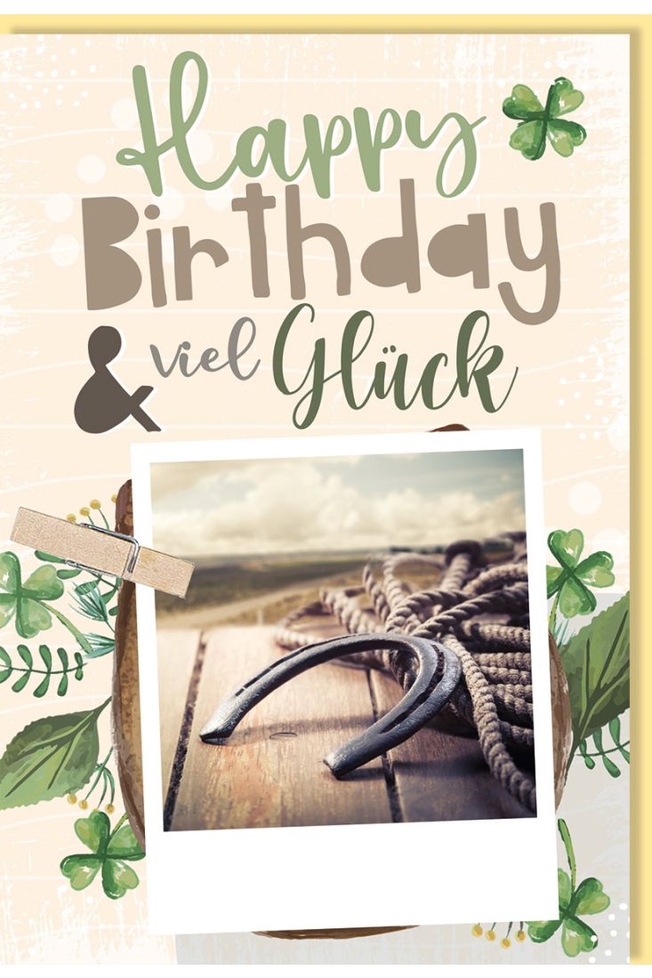 Glückwunschkarte Geburtstag Hufeisen, Kleeblätter, Naturkarton, mit Stanzteil und Magnetklammer