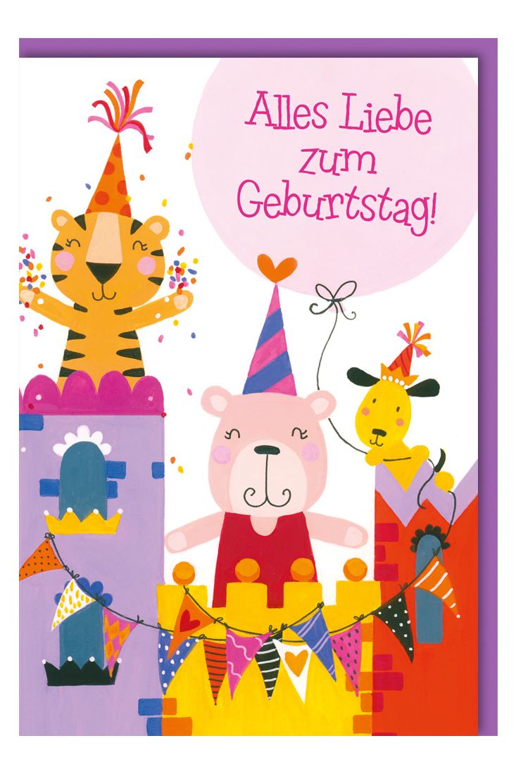 Geburtstagskarte Kinder Tiger, Bär und Hund auf Burg