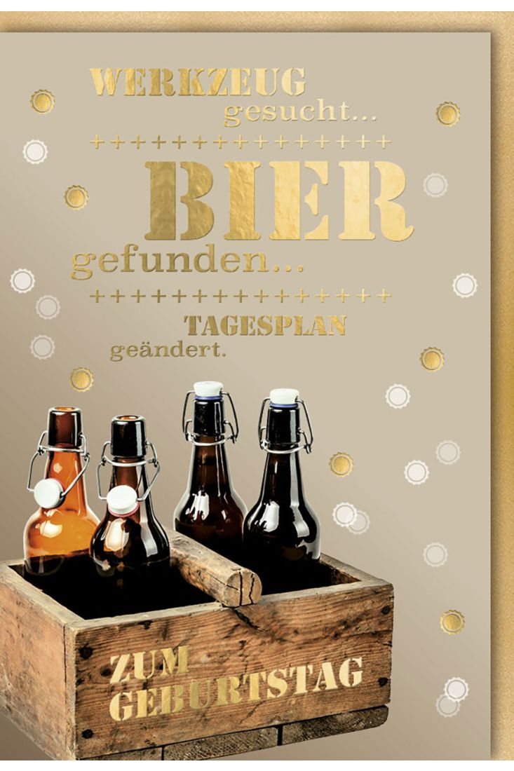 Geburtstagskarte für Männer Vier Bierflaschen im Holzträger