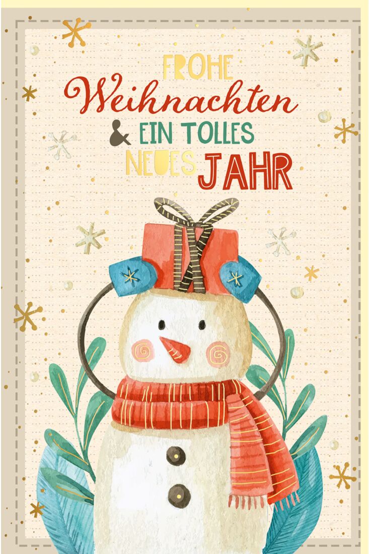 Weihnachtskarte aus Zuckerrojrpapier Schneemann mit Schal Schneeblumen und Geschenk