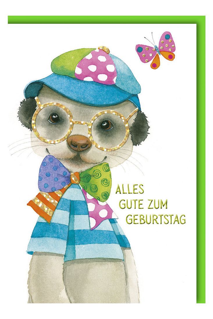 Geburtstagskarte für Kinder Erdmännchen mit Kappe auf Naturkarton