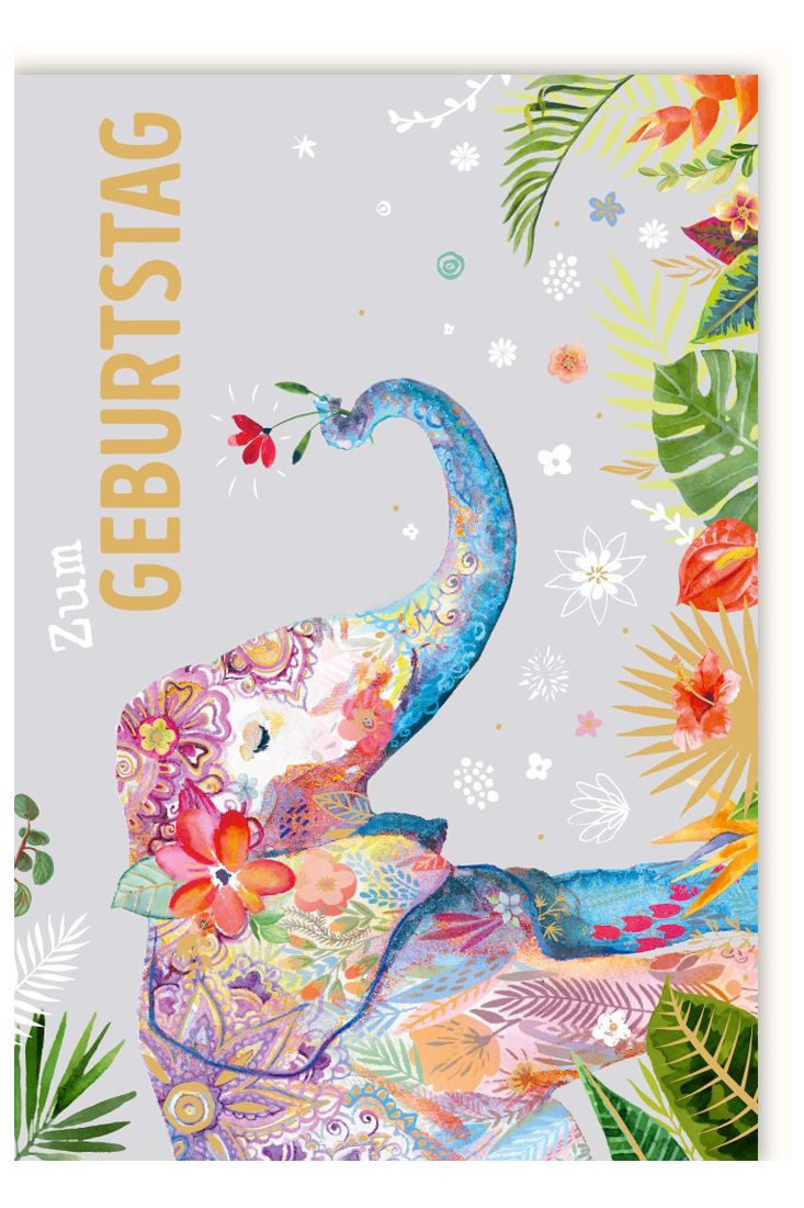 Glückwunschkarte Geburtstag Illustration Elefant mit Blume