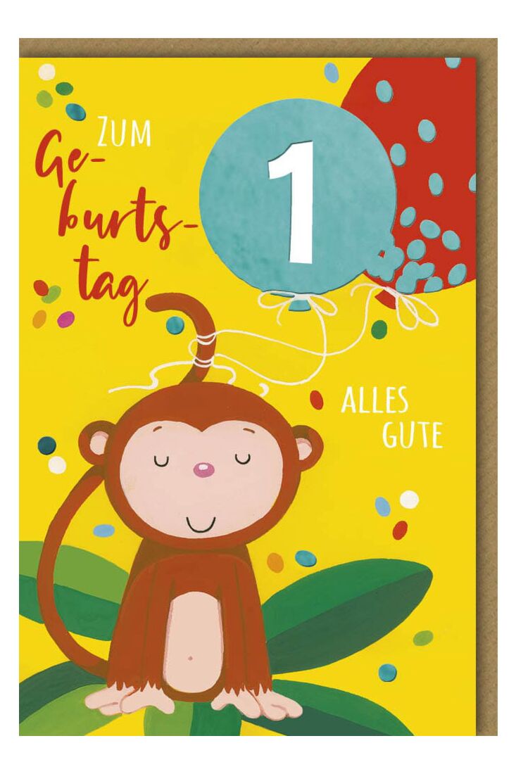 Geburtstagskarte 1. Jahre Affe auf Blatt