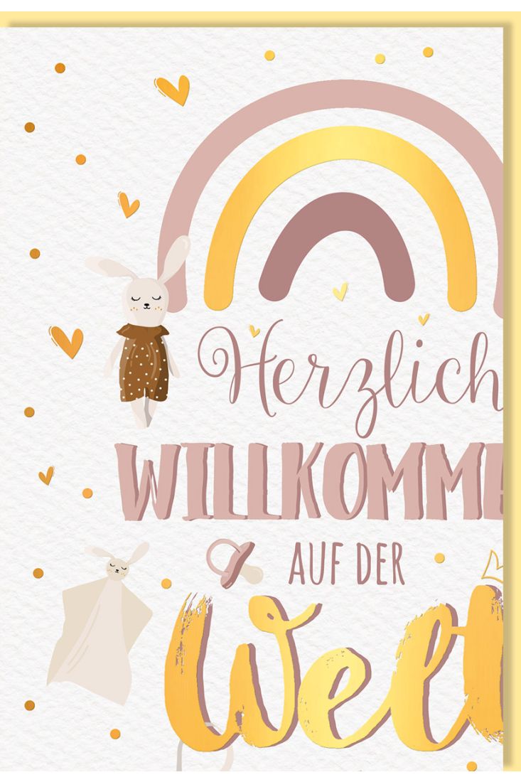 Glückwunschkarte Geburtstag Babyschuhe, Babyflasche, Schnuller, Häschen, Naturkarton, mit Goldfolie
