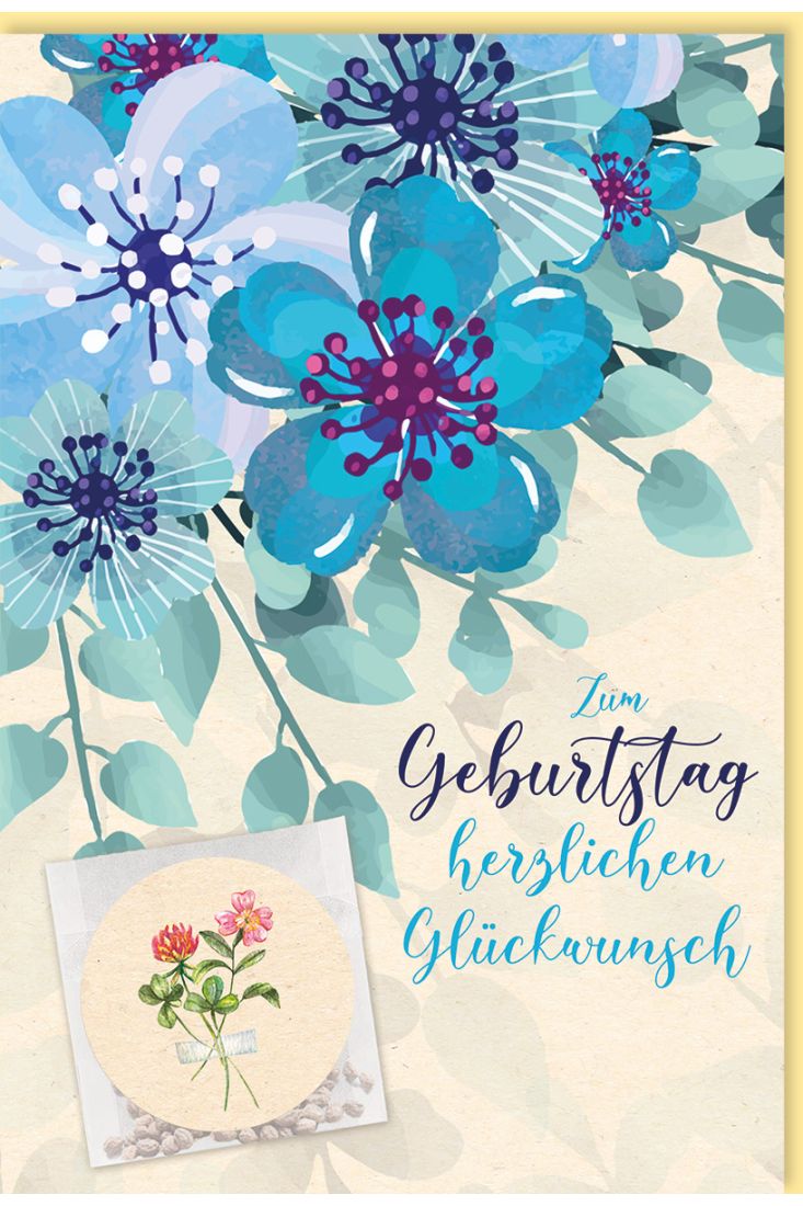 Geburtstagskarte mit blühender Freude: Samentütchen auf Zuckerrohrpapier für herzliche Glückwünsche
