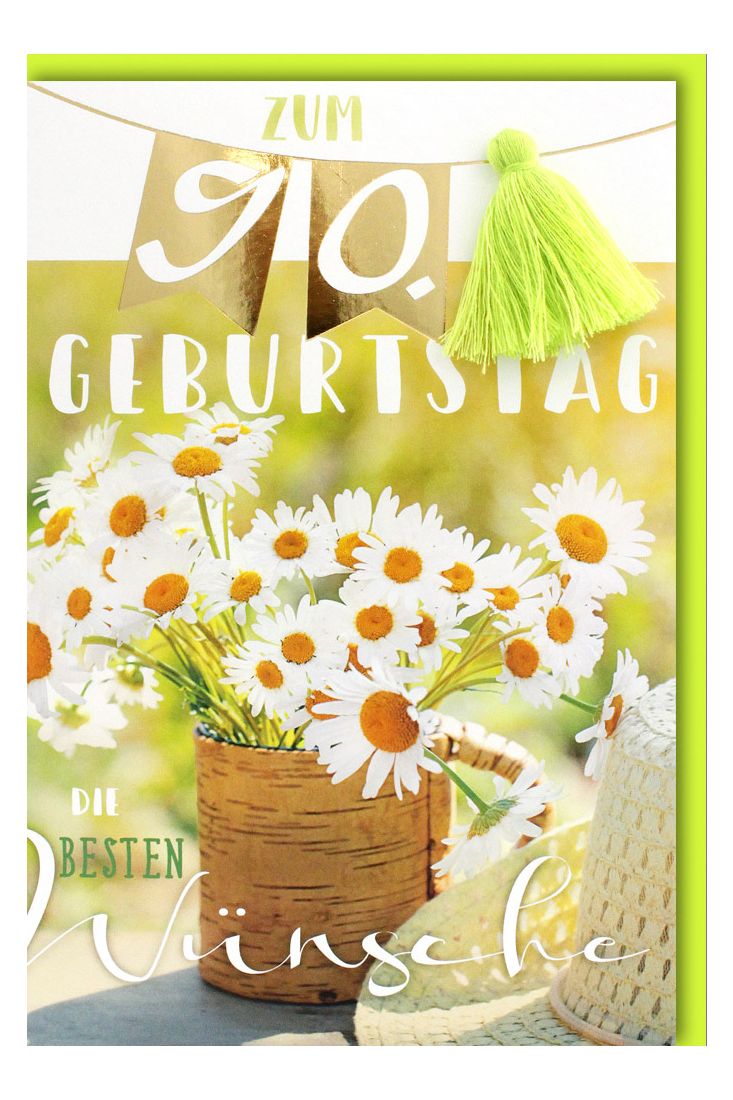 Geburtstagskarte Blumen und Strohhut Zum 90 Geburtstag die besten Wünsche