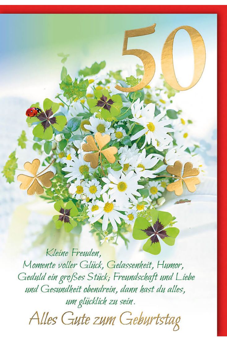 Geburtstagskarte 50. goldenes Kleeblatt veredelt