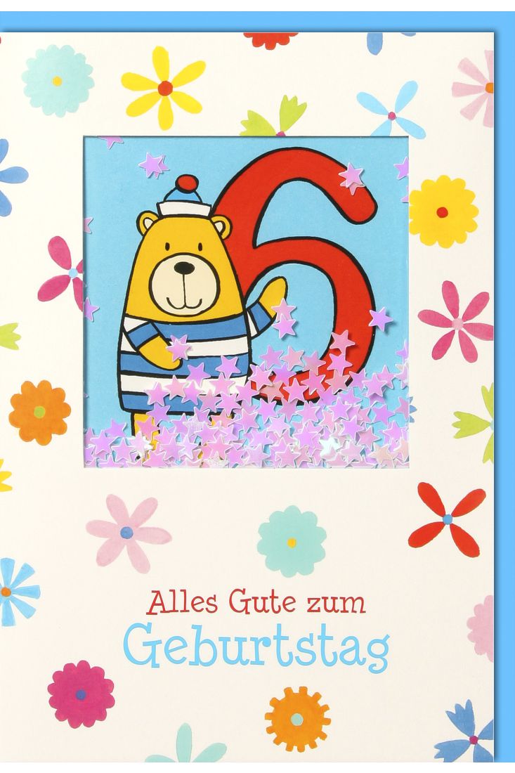 Geburtstagskarte für Kinder 6. Geburtstag - Bär mit blau-gestreiften Anzug