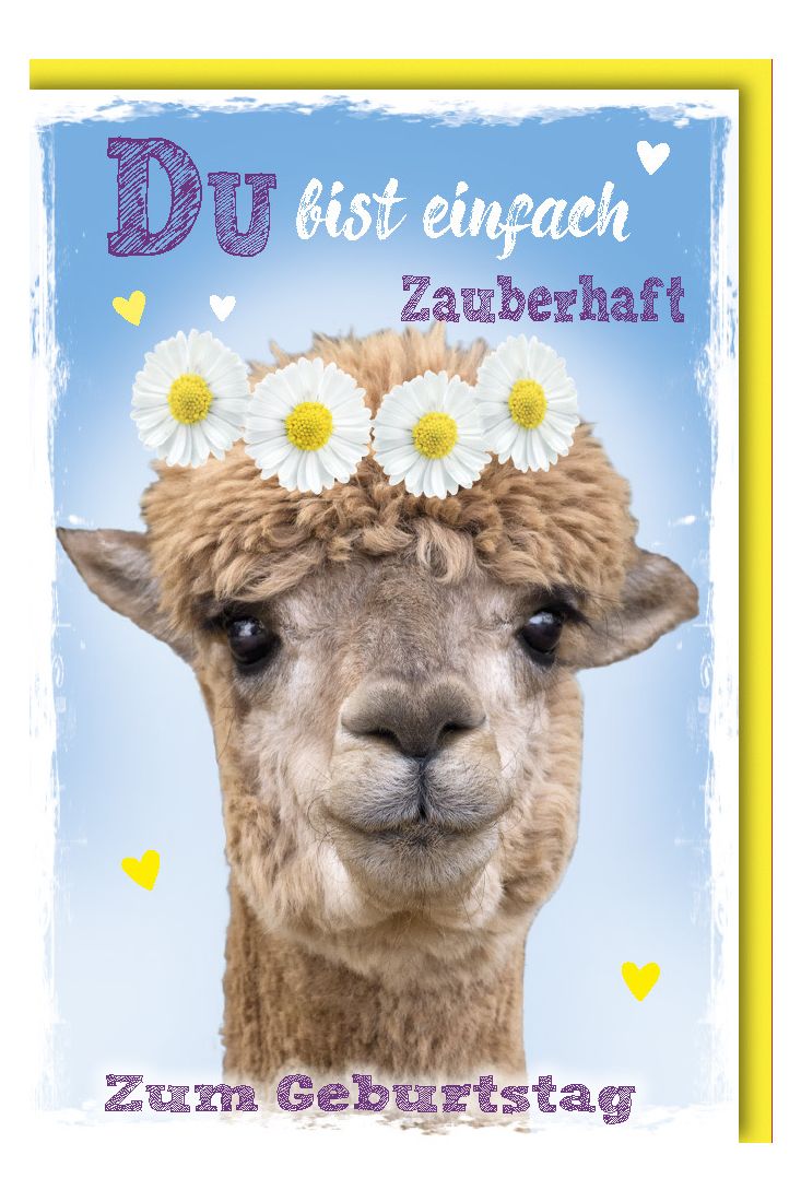 Glückwunschkarte Geburtstag Alpaka mit Blumenkranz