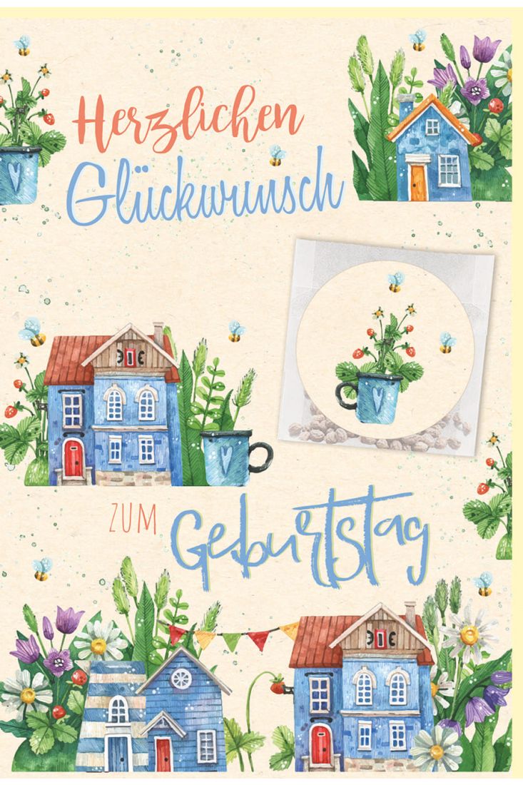 Glückwunschkarte Geburtstag Häuser, Blumen, Zuckerrohrpapier, Samentütchen mit Aufkleber
