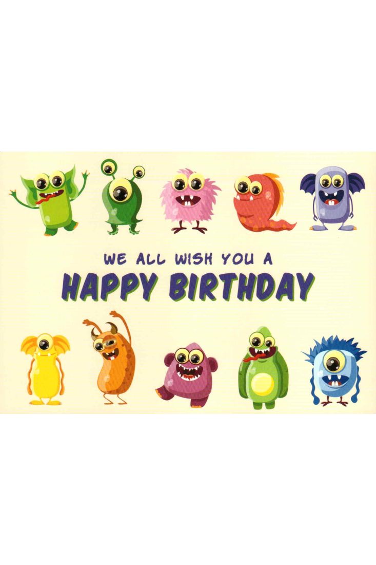 Geburtstagspostkarte We all wish you a Happy Bithday Monster