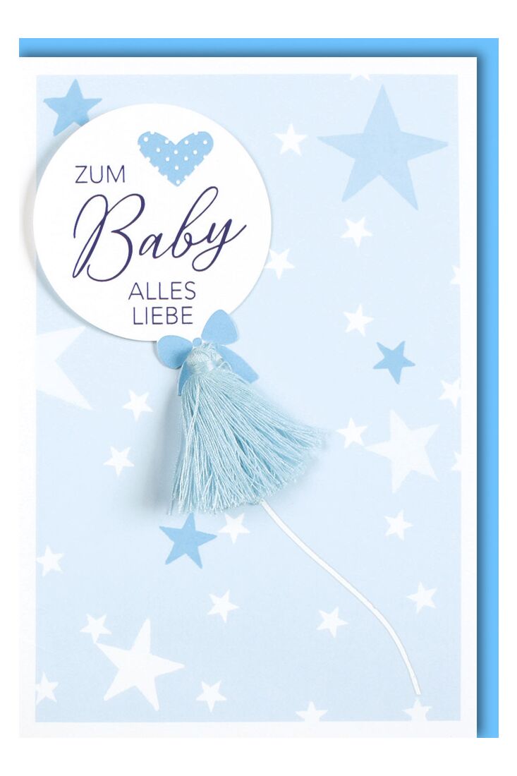 Glückwunschkarte Baby Junge blau Applikation und Folienprägung