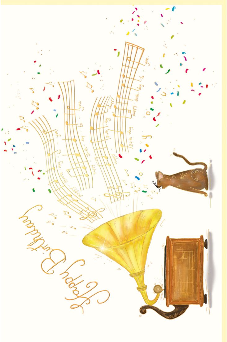 Geburtstag Skorpion´s art Grammophon und Katze, Naturkarton, mit Goldfolie und Blindprägung