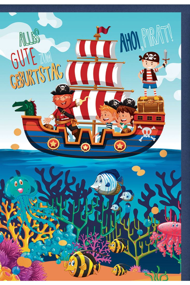 Kindergeburtstagskarte Piratenschiff, Fische und Korallen, mit Goldfolie