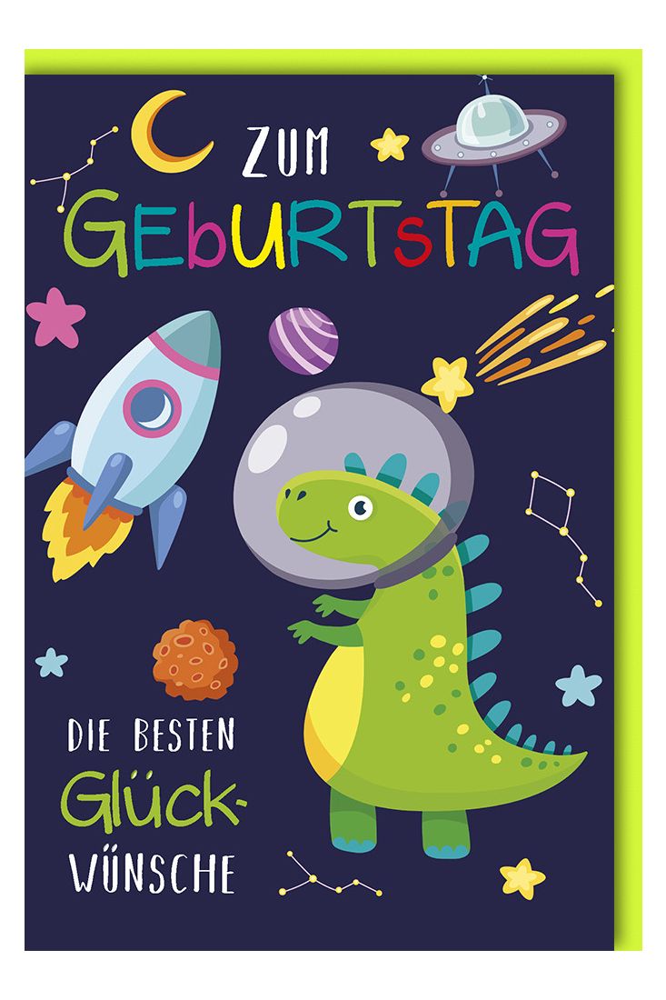 Geburtstagskarte für Kinder Dino im Weltall