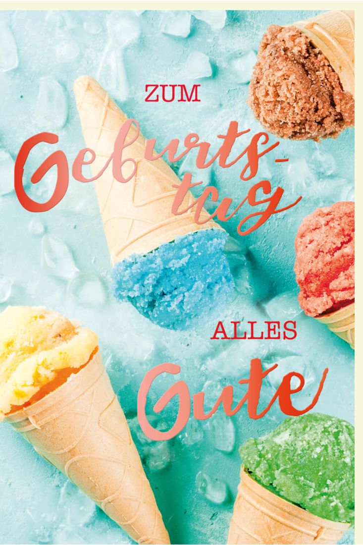 Glückwunschkarte Geburtstag Kugeln Eis in Waffeln, mit Kupferfolie