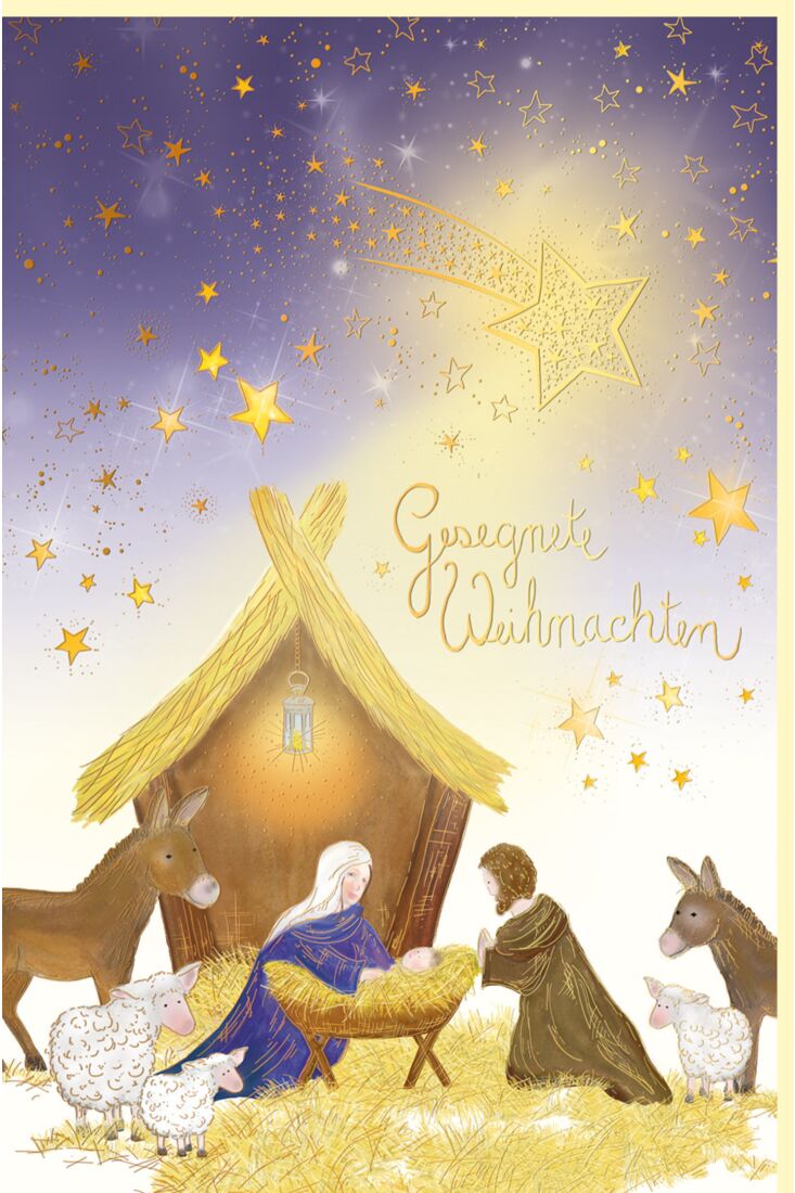 Weihnachtsgrußkarte Goldfolie und Blindprägung Maria Joseph Esel