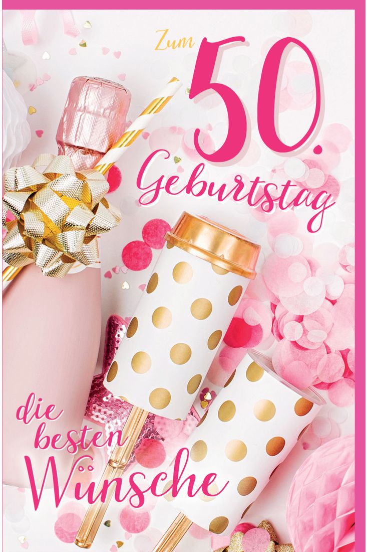Geburtstagskarte 50 Piccolo-Flasche mit Strohhalm, Tischraketen
