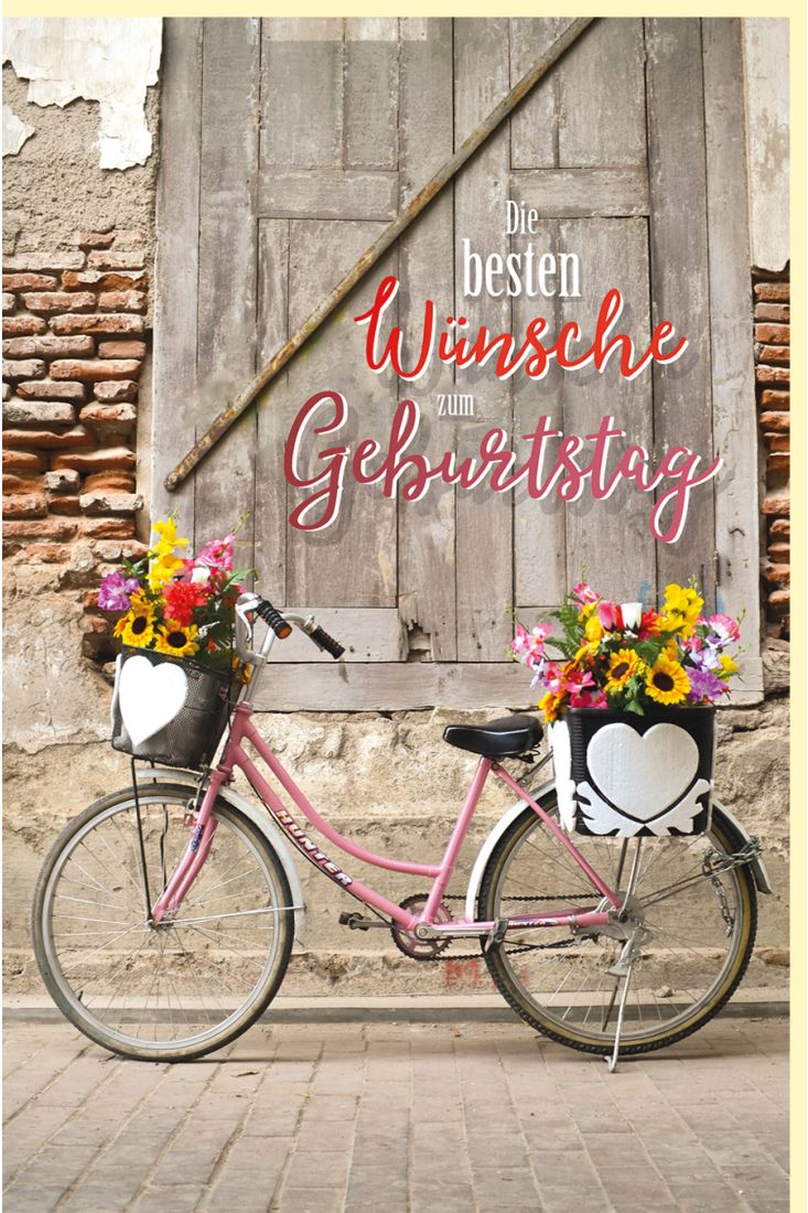 Geburtstagskarte Fahrrad mit Blumen in Körben am Lenkrad und auf Gepäckträger