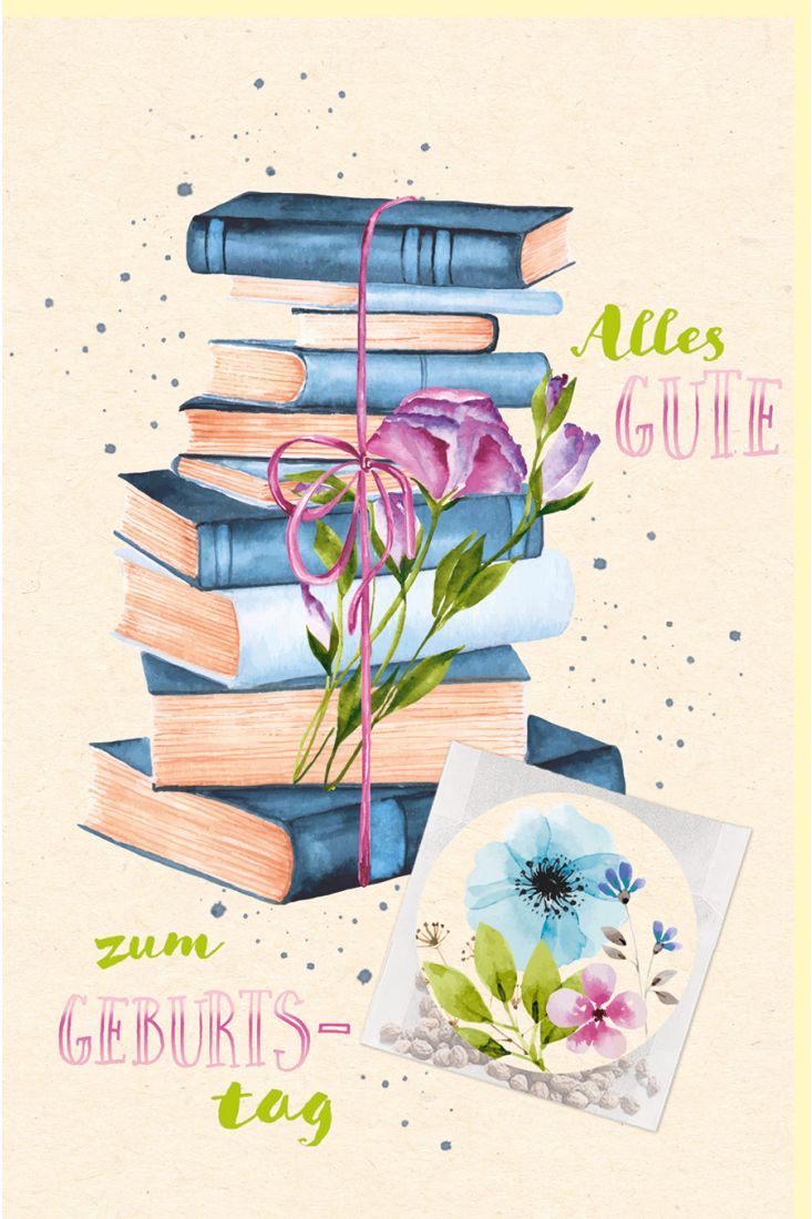 Geburtstagskarte Samentütchen, Bücherstapel, Zuckerrohrpapier