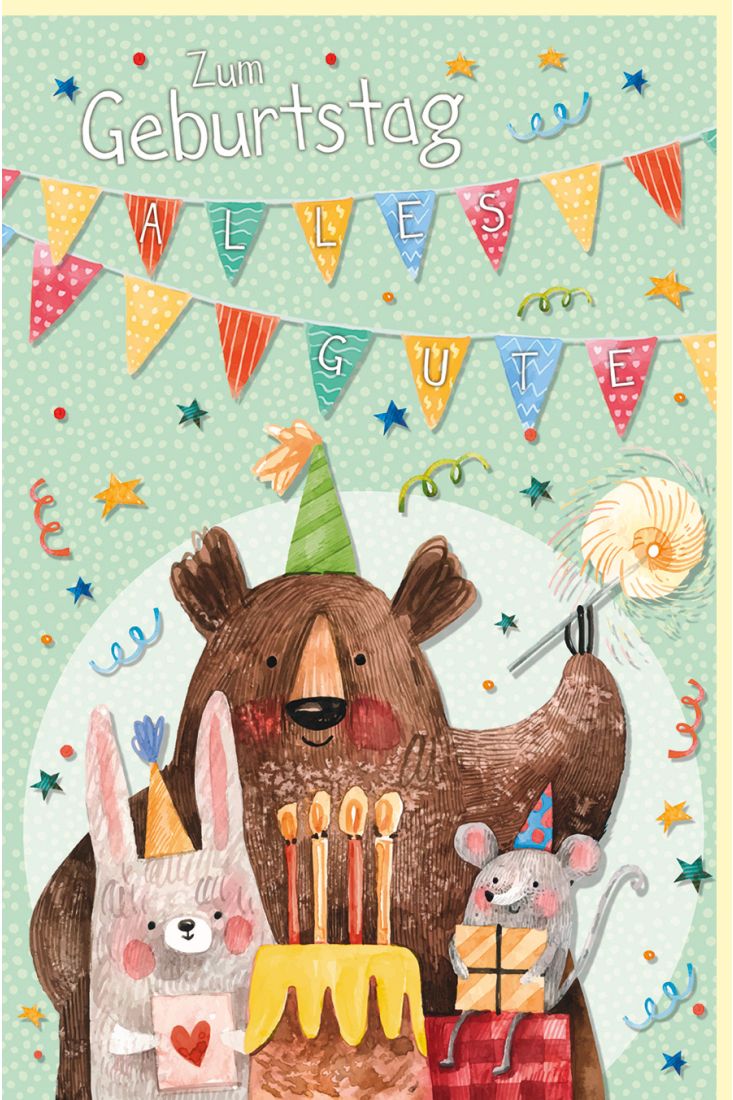 Geburtstagskarte Kindergeburtstag Motiv Kuchen mit Bär, Maus und Katze