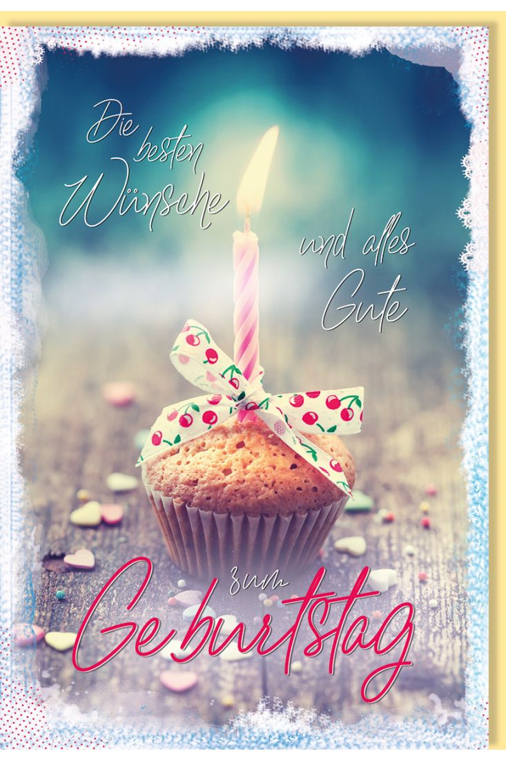 Glückwunschkarte Geburtstag Muffin mit brennender Kerze und Schleife